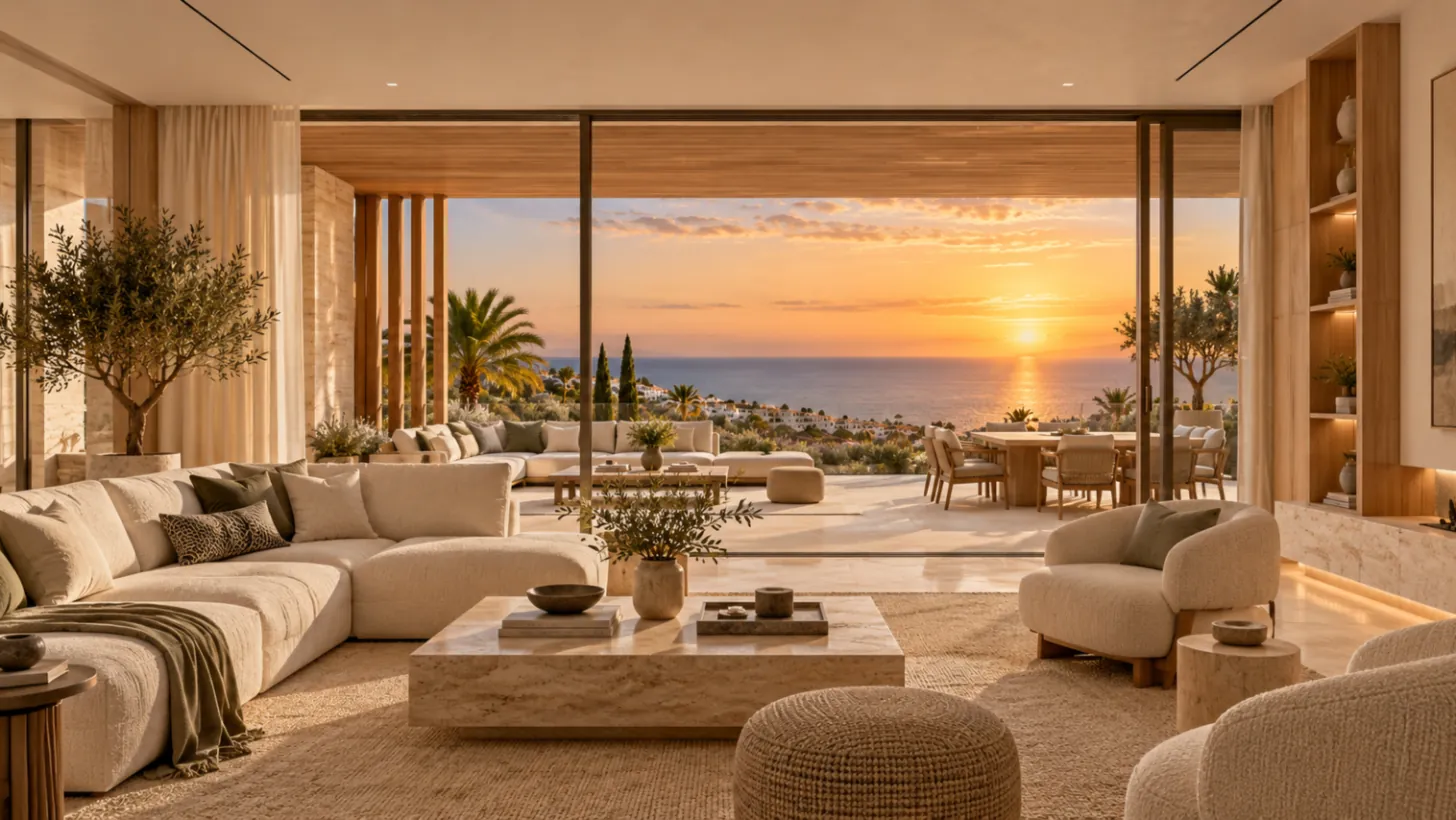 Living room with terrace and sea view — illustrative visualisation from a sample development