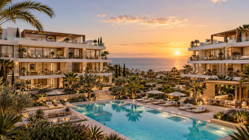 Alcora Residences ved solnedgang — illustrativ visualisering