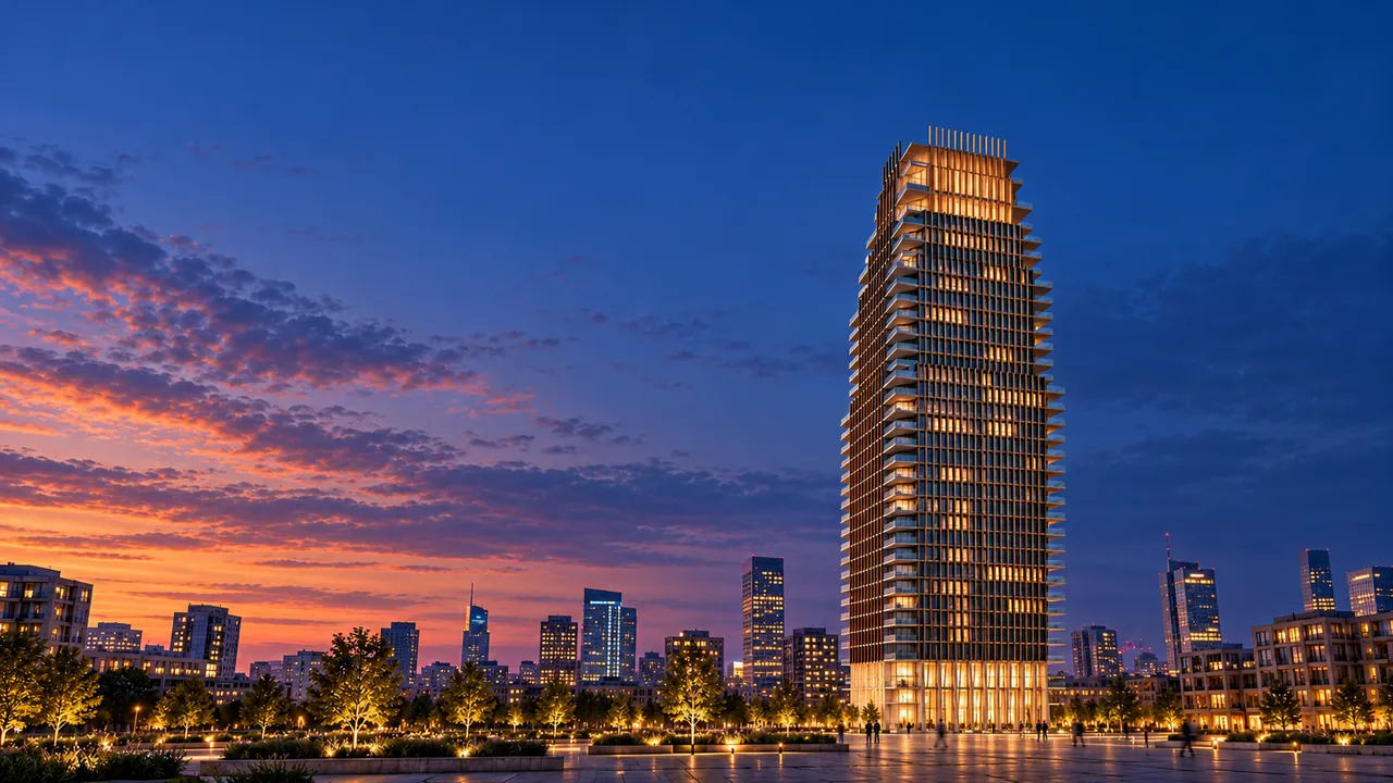Veltris Tower o zmierzchu — smukła wieża z pionowymi żebrami nad Wolą, wizualizacja poglądowa